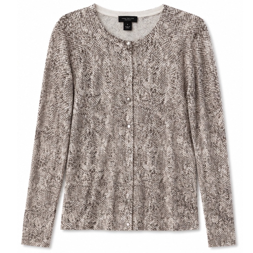 Ann Taylor Factory Women Medium Cardigan Snakeskin Print Neutral Taupe Sweater - Picture 2 of 7